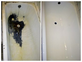 Чугунная ванна до и после реставрации акрилом.