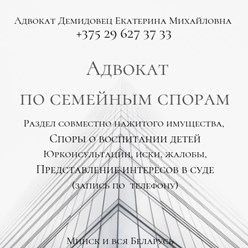 Опыт работы более 25 лет. Отзывы по моим фио в интернет. Юрконсультации, составление иска, участие в суде.
https://advokate.by
 https://адвокатминск.бел
