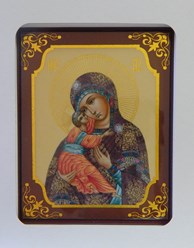 Икона &quot;Владимирская икона Божией Матери&quot;
Золотой орнамент. Покрыта глянцевым лаком. размер 150 х 130 мм.  в упаковке.