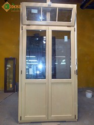 Двухстворчатая балконная дверь с открывной фрамугой и фрамужным приводом, цвет Береза