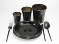 Набор черной одноразовой посуды из пластика. Вилка; ложка; нож; стопка 100 мл; стакан &quot;Бочонок&quot; 500 мл; стакан 200 мл; тарелка десертная диаметром 165мм