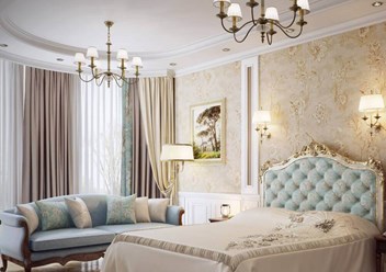 Шторы классические для спальни в светлых оттенках бежевого и голубого цвета.