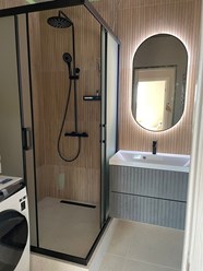 Проект ванной комнаты - комплект мебели для ванной Vod-ok Touch (Тач) цвет горный камень. Овальное зеркало с Led подсветкой и сенсорным датчиком.