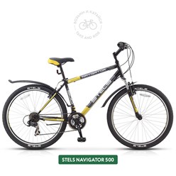 Stels Navigator 500 - горный велосипед, оборудованный 55 мм амортизационной вилкой и 21-скоростной трансмиссией Shimano RH.