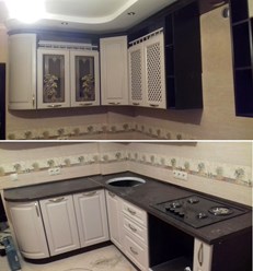 Кухня фасады МДФ в пленке ПВХ с фрезеровкой, со вставками декоративное стекло