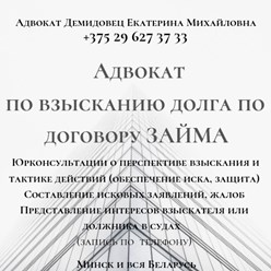Опыт работы адвокатом более 25 лет. Отзывы по моим фио в интернете. 
https://advokate.by
 https://адвокатминск.бел