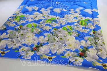 Зимнее ватное одеяло из голубой бязи эксклюзив с белыми цветами и чёсаной хлопковой ватой