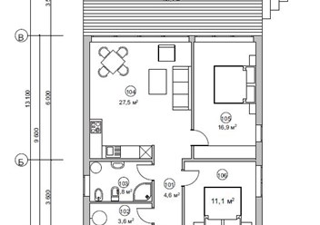 План 1 этажа
Номер/ Наименование/ Площадь (м2)
101 Тамбур-коридор 4,60 
102 Котельная (комора) 3,60 
103 С/у 5,80 
104 Кухня-гостинная 27,50 
105 Спальня 1 16,90 
106 Спальня 2 11,10 
107 Терраса 30,1