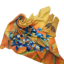 Платок из натурального шелка ручной росписи батик 90х90 см и перчатки из натуральной кожи с братиком Ирисы Ван гог