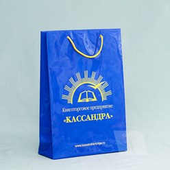 Ламинированный пакет из мелованный бумаги. Глянцевая ламинация. Логотип на заказ, верёвочные ручки.