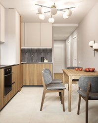 Красивая двухцветная кухня со встроенной техникой и скрытыми ручками.