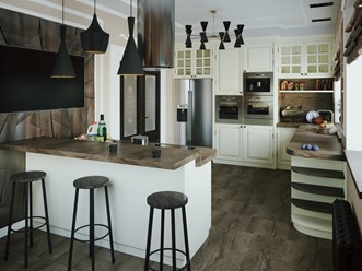 Стильный дизайн проект интерьера кухни в загородном доме в стиле Американской классики и лофта. Разработанный и реализованный дизайн студией интерьеров Артпланнер.