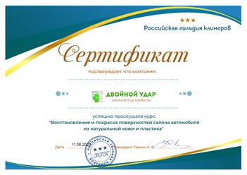 Компания по химчистке мебели и ковров "Двойной удар" успешно прослушала курс: "Восстановление и покраска поверхностей салона автомобиля из натуральной кожи и пластика"в Российской гильдии клинеров