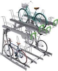 Двухуровневая система хранения и парковки велосипедов из оцинкованной стали и анодированного алюминия для использования на улице. Верхняя стойка опускается до земли.
