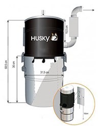 Размеры (габариты) центральной системы пылеудаления Husky. Установка центрального блока системы пылеудаления  производится в отапливаем подсобном помещении. В квартире - это ванная комната или туалет.