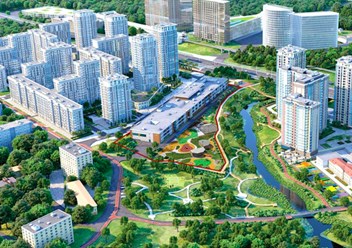 Здание детского сада Brookes LIFE на берегу реки Яуза в природном парке в окружениях кварталов "LIFE. Ботанический сад I и II"