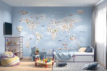 Фотообои карта мира с достопримечательностями голубая. https://dress-wall.ru/maps/maptravel