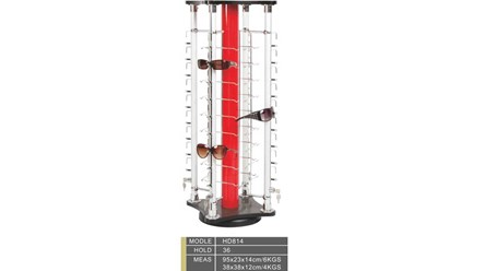 Стойка настольная для демонстрации очков и оправ на 36 единиц.  
6 штоков с замками плавного хода, на колёсах с механизмом вращения.