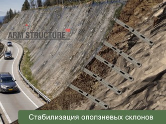 Укрепление склонов автомобильных дорог от камнепада и сползания склона- грунтовыми анкерами в паре с геосеткой