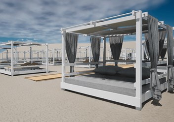 Пляжное оборудование "WoodBeach": раздевалки, дорожки деревянные, бунгало, теневые навесы, шезлонги, пляжные зонты, душевые стойки, перголы, вышки спасателя, обустройство пляжей