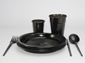 Набор черной одноразовой посуды. Вилка; ложка; нож; стопка 100 мл; стакан 200 мл; тарелка десертная диаметром 165мм