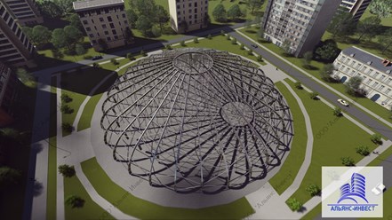 Конструкция здания экспоцентра из металла в виде сферического купола.
Разработка данного проекта заняла 6 недели, окончательная же масса по ведомости отправочных марок составила 208 т.
