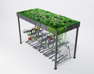Велонавес с живой крышей
Навес с «живой»кровлей — система озеленения седумными матами.
Опоры из оцинокованных двутавров, ограждения из стальной сетки 3Д.