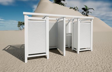 Пляжное оборудование "WoodBeach": раздевалки, дорожки деревянные, бунгало, теневые навесы, шезлонги, пляжные зонты, душевые стойки, перголы, вышки спасателя, обустройство пляжей