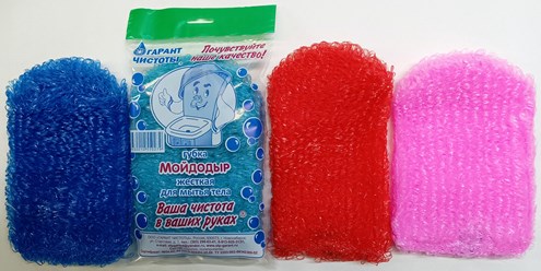 Губка банная жёсткая "Мойдодыр" — изготовлена из полипропиленовой нити в различной цветовой гамме.