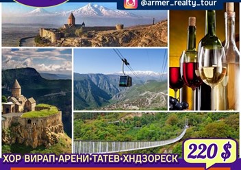 Индивидуальные туры в Армении: 
Экскурсию в монастырь Хор Вирап, село Арины, самая длинная канатная дорога Крылья Татева, и пещерный город Хндзореск-Горис