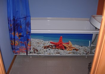 Экран под ванну с пейзажем выбран в морской тематике, так же повесили в тему шторку в той же композиции.