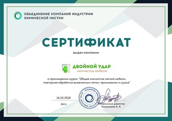 Компания "Двойной удар" прошла курс: "Общая химчистка мягкой мебели, повторная обработка выявленных пятен, промывание и сушка" в Объединении компаний индустрии химической чистки