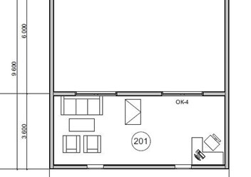 План 2 этажа
Номер/ Наименование/ Площадь (м2)
201 Кабинет и зона отдыха 30,00 
Общая площадь помещений первого этажа 42,6