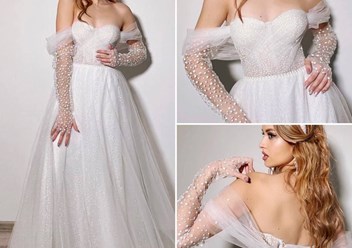 Трендовое свадебное платье, современное свадебное платье. Светоотражающее кружево, спущенные плечи, свадебные перчатки, съёмные рукава