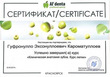 Сертификат о прохождении курса "Клиническая анатомия зубов. Курс лепки"
