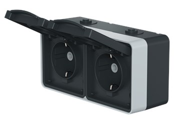 Розетка электрическая двухместная горизонтальная CADUCEUS ALING PROTECTA для открытой проводки, без шторок, с крышкой, 16А, 250В~