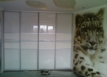 встроенный шкаф-купе в гостиную, двери из крашеного стекла со вставками из кожи