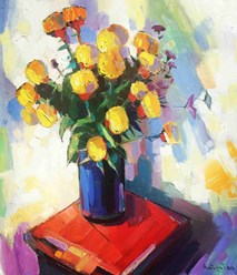 Картина маслом в желтом цвете с цветами в вазе