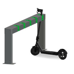 Самокатопарковка с зарядкой на 5 мест. Конструкция выполнена из стали, оснащена электрозамоком с кодом доступа. 
Индикация свободных доков, простой и понятный интерфейс