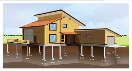 Схема свайного фундамента загородного дома с рекомендуемыми характеристиками  свай