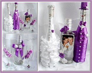 Украсим Ваши бутылки для свадебного стола в различной цветовой гамме