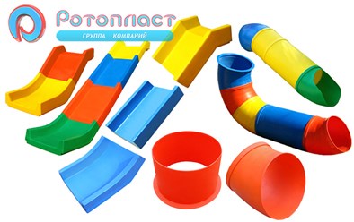 Пластиковые элементы для детских игровых комплексов &quot;Ротопласт&quot;: скаты прямые и тоннели, фланцы, сегменты, кубики, входные ограничители, крыши и пр.