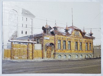 &quot;21 Дом крестьянина&quot; - фото картина из серии &quot;Виды Челябинска&quot;, имитация живописи маслом, накатка на пенокартон, фактурный гель. Размер без багета: 48х32см. Работа оформлена в багет. Цена:4600р.