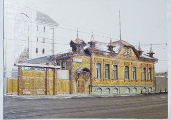 &quot;21 Дом крестьянина&quot; - фото картина из серии &quot;Виды Челябинска&quot;, имитация живописи маслом, накатка на пенокартон, фактурный гель. Размер без багета: 48х32см. Работа оформлена в багет. Цена:4600р.