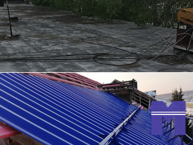 Переделка плоской кровли в скатную с устройством стропильной системы.